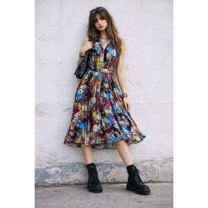 Vintage TOGETHER! Multicolor Floral Belted Midi Sleeveless Dress  Women's Size 8